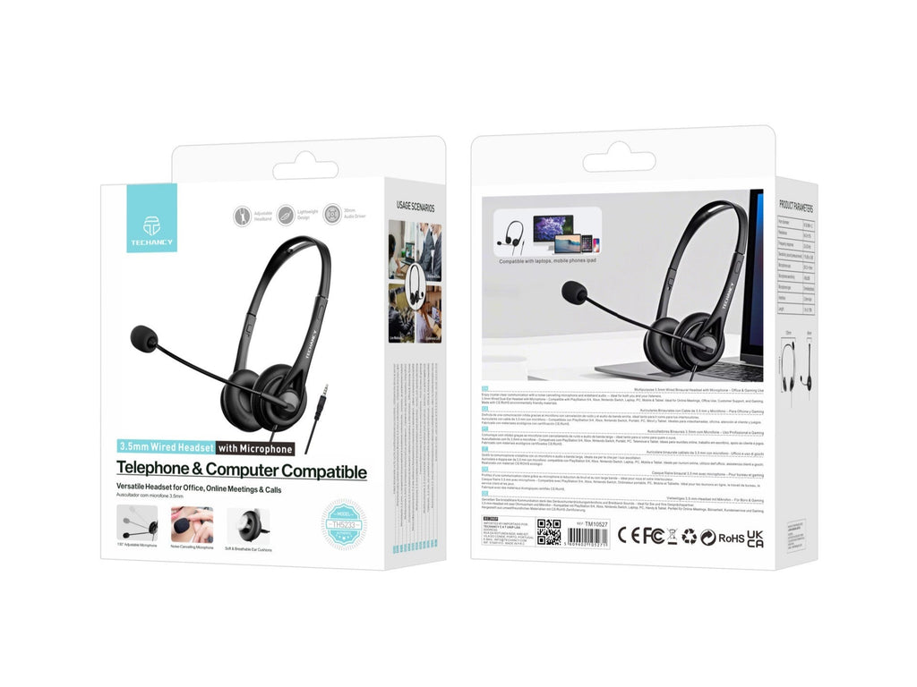 Techancy Auricular Binaural com Fio 3.5mm TH5233 com Microfone Cancelamento de Ruido para Call Center Escritorio Reunioes e Jogos Compatibel PC Telemovel Consolas