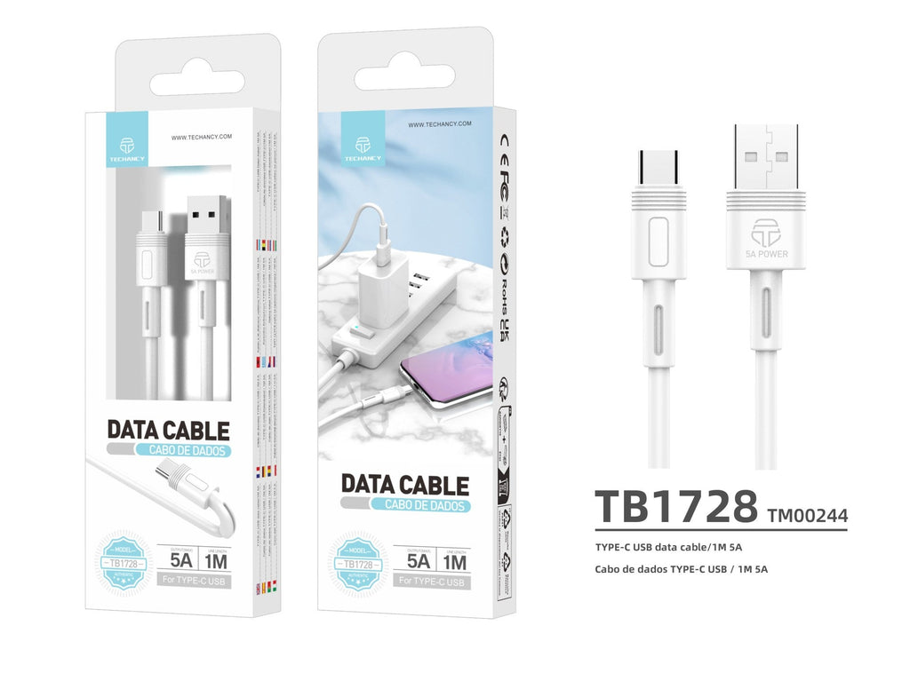 Techancy Cabo De Dados De Carregamento Rápido 5A 1m Branco TB1728, Interface Usb-Tipo C, Suporta Transferência De Dados