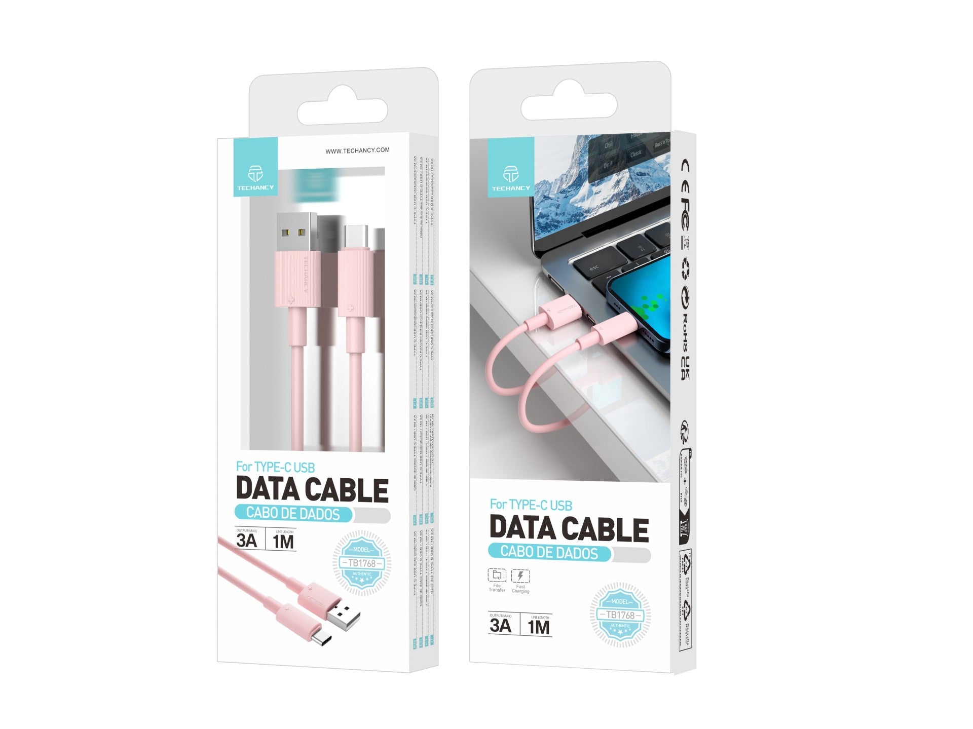 Techancy Cabo De Dados Usb Tipo C cor-de-rosa TB1768, Comprimento 1m Suporta Corrente 3A E Transferência De Dados 480mbps,