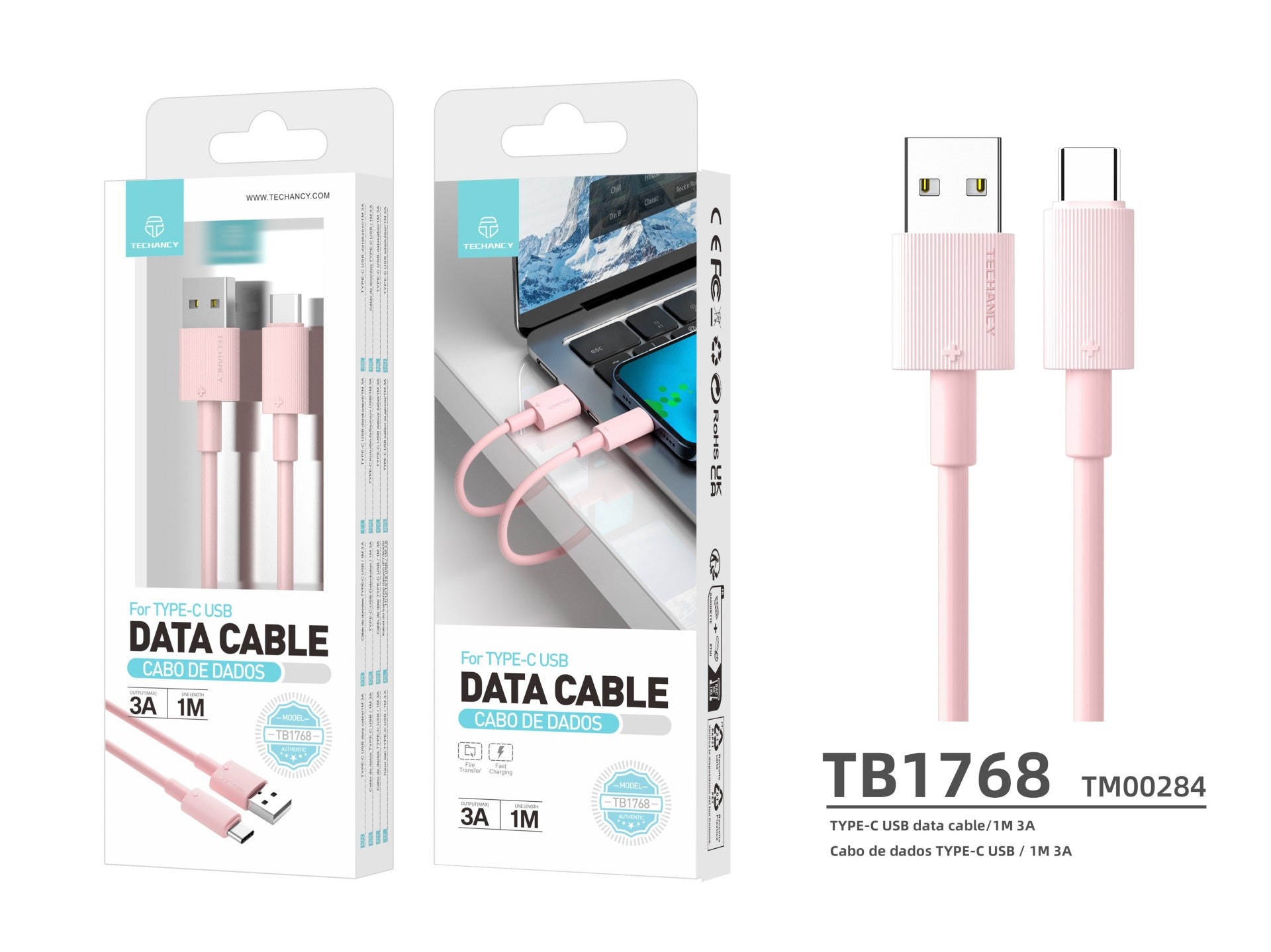 Techancy Cabo De Dados Usb Tipo C cor-de-rosa TB1768, Comprimento 1m Suporta Corrente 3A E Transferência De Dados 480mbps,