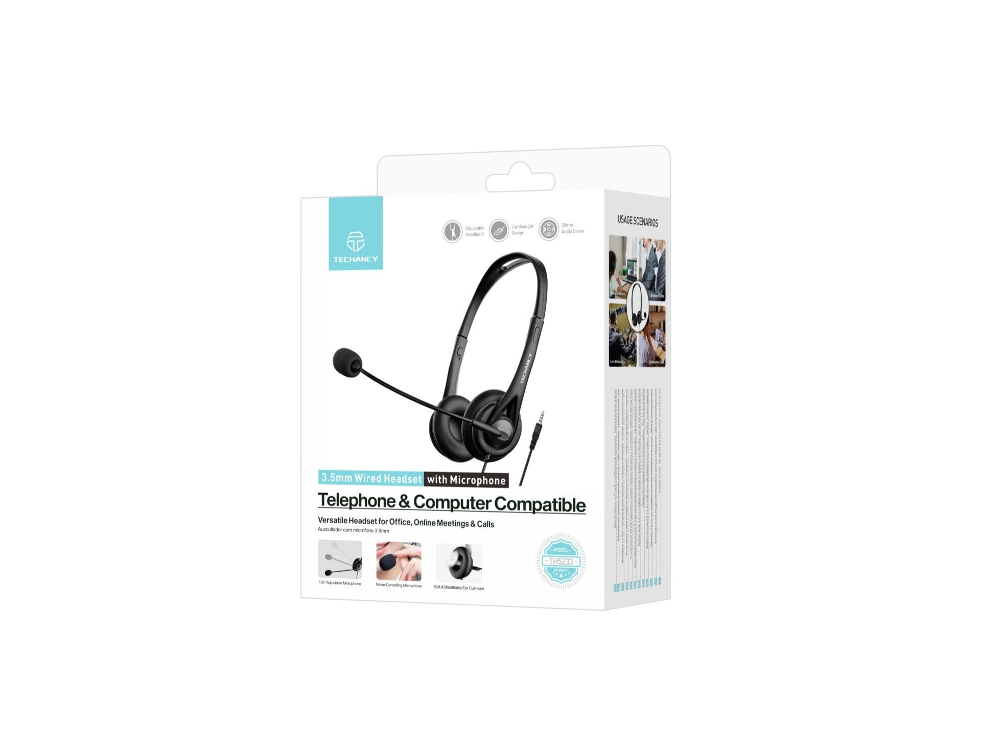 Techancy Auricular Binaural com Fio 3.5mm TH5233 com Microfone Cancelamento de Ruido para Call Center Escritorio Reunioes e Jogos Compatibel PC Telemovel Consolas